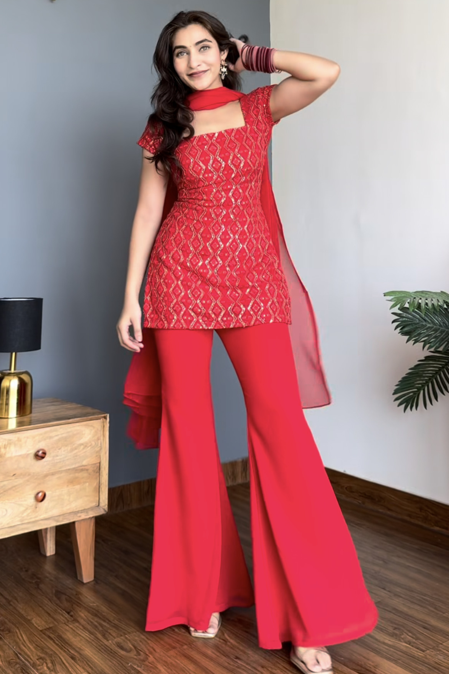 90's Style Glam Kurta Set with Bell Bottom Palazzo & Dupatta