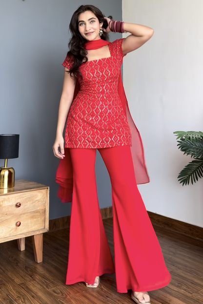 90's Style Glam Kurta Set with Bell Bottom Palazzo & Dupatta