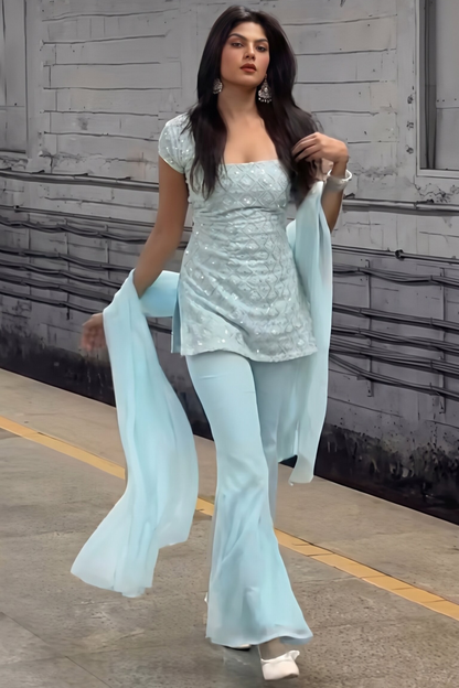 90's Style Glam Kurta Set with Bell Bottom Palazzo & Dupatta