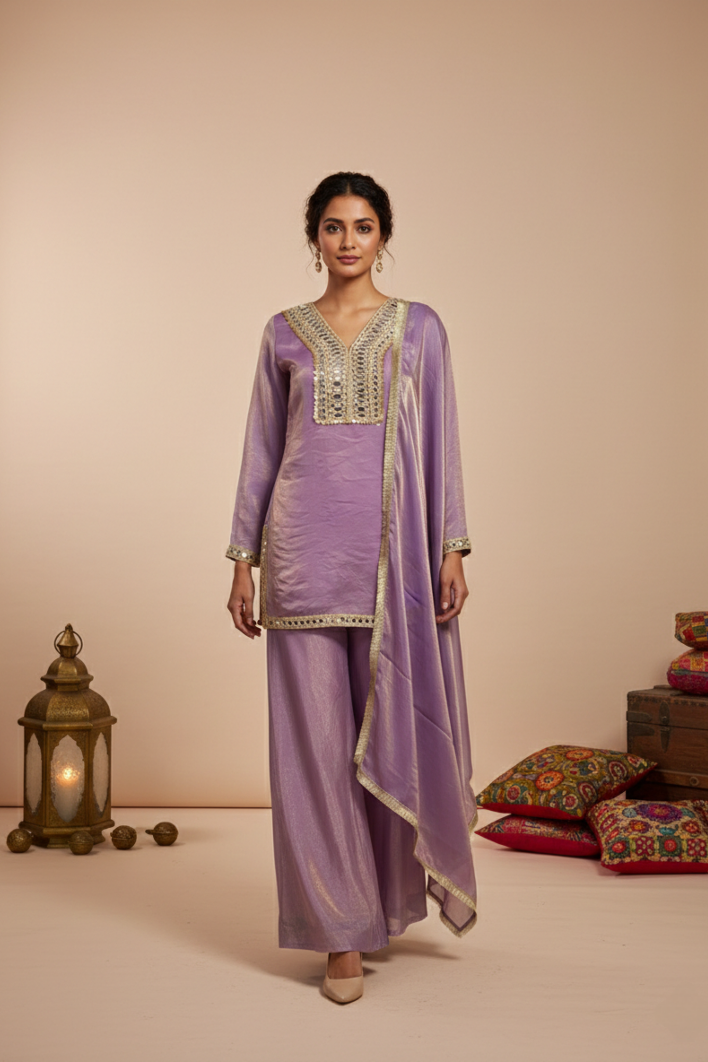 Mirror Work Embroidered Kurti with Dupatta & Plazo
