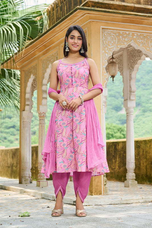 Niharika Pink & Green Floral Printed Pure Cotton Kurta with Trousers & Dupatta