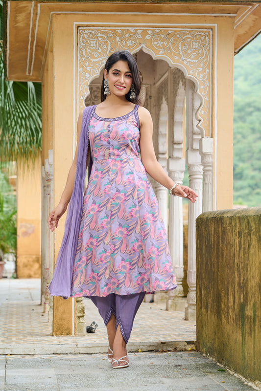 Niharika Purple & Orange Floral Printed Pure Cotton Kurta with Trousers & Dupatta