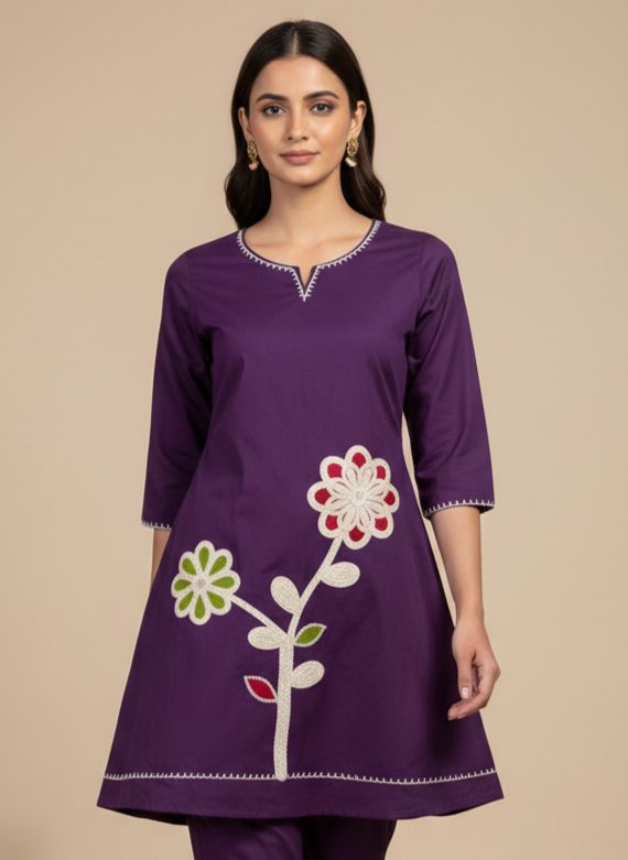 Sun Flower Pure Cotton Applique Embroidered Co-ord Set