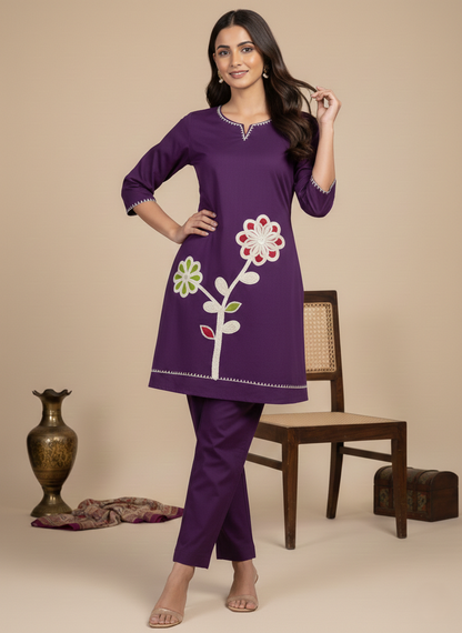 Sun Flower Pure Cotton Applique Embroidered Co-ord Set