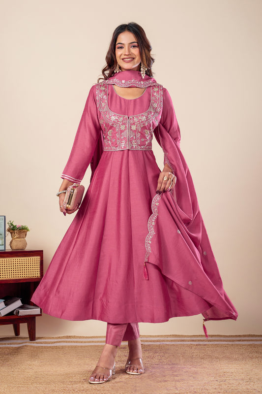 Pink Koti Embroidered Silk Anarkali Kurta With Dupatta Set