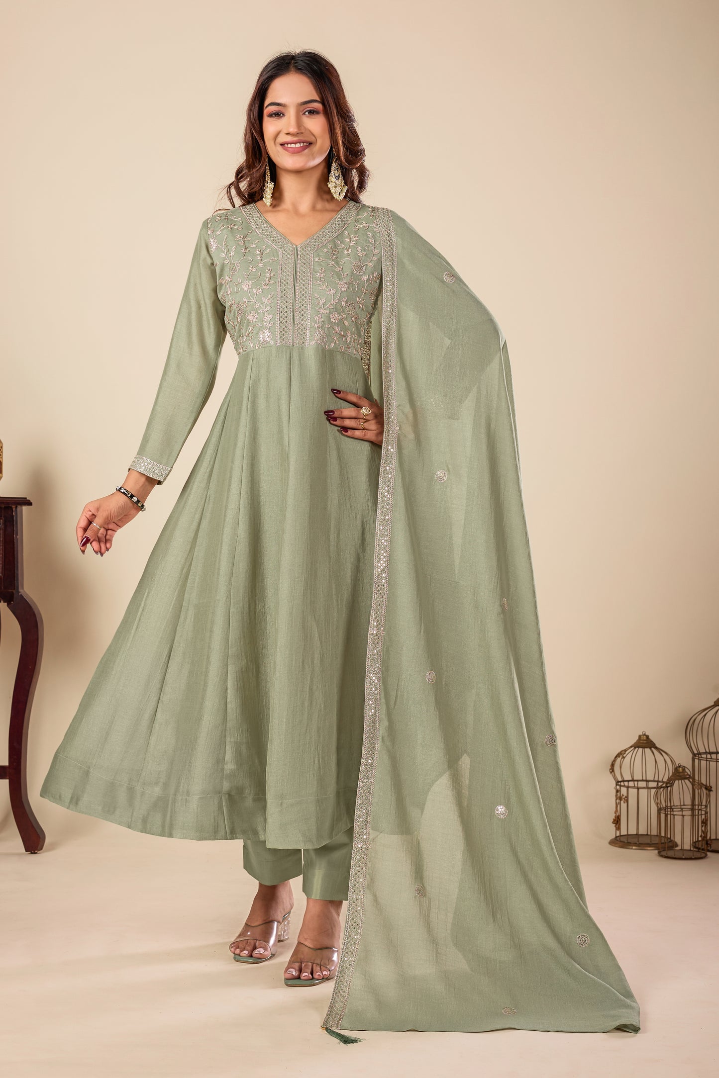 Pista Embroidered Silk Anarkali Kurta With Dupatta Set