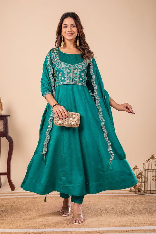 Rama Koti Embroidered Silk Anarkali Kurta With Dupatta Set