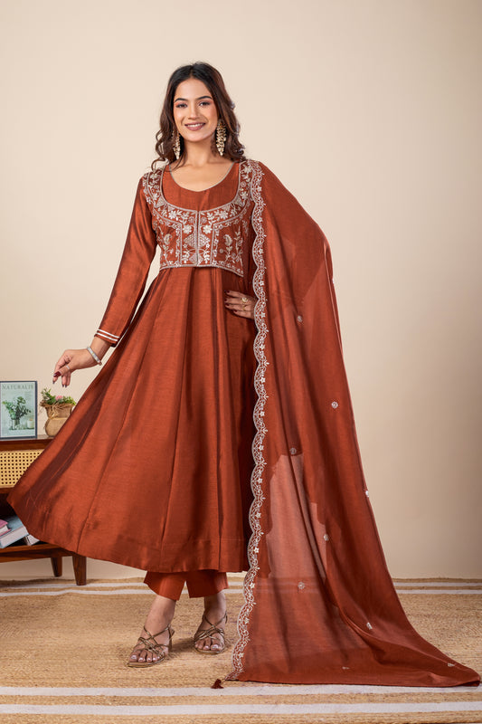 Rust Koti Embroidered Silk Anarkali Kurta With Dupatta Set