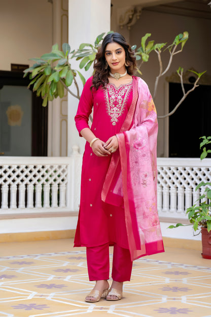 Sara Motifs Embroidered Silk Kurta with Trouser & Dupatta