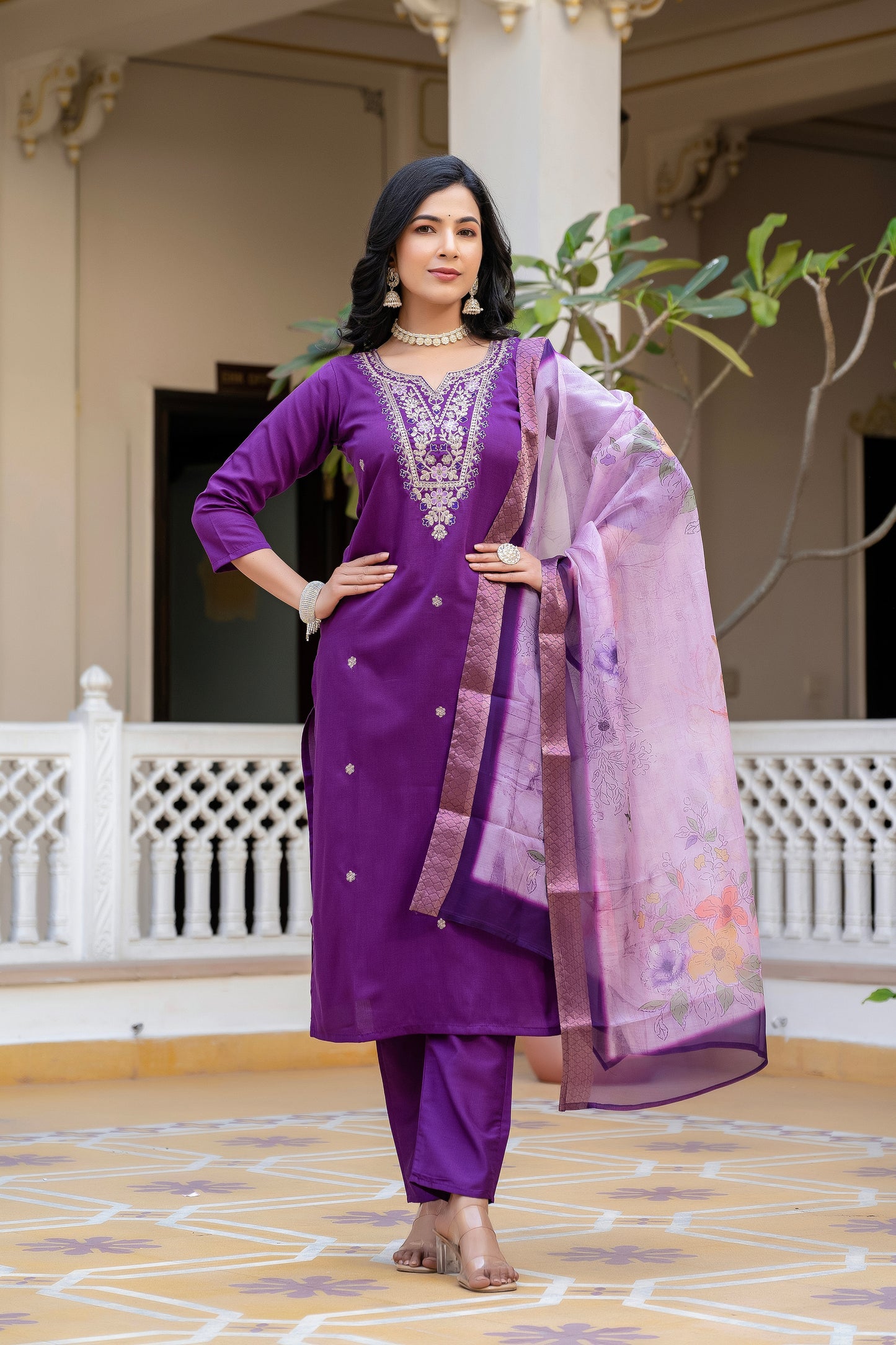 Sara Motifs Embroidered Silk Kurta with Trouser & Dupatta