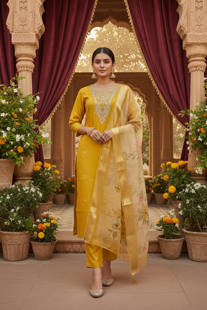 Sara Motifs Embroidered Silk Kurta with Trouser & Dupatta
