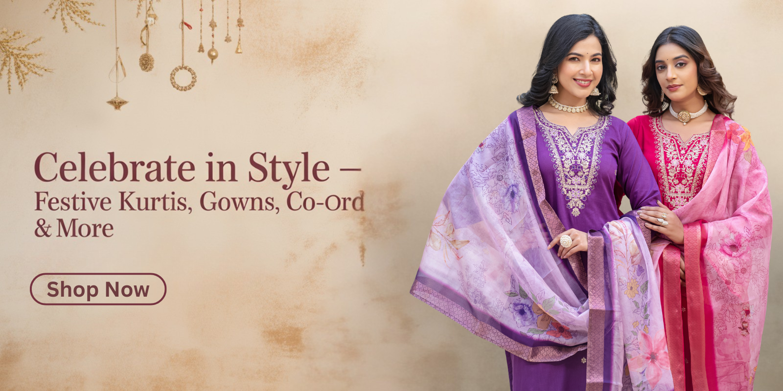 Two women in traditional kurtis with decorative text and 'Shop Now' button on a beige background
