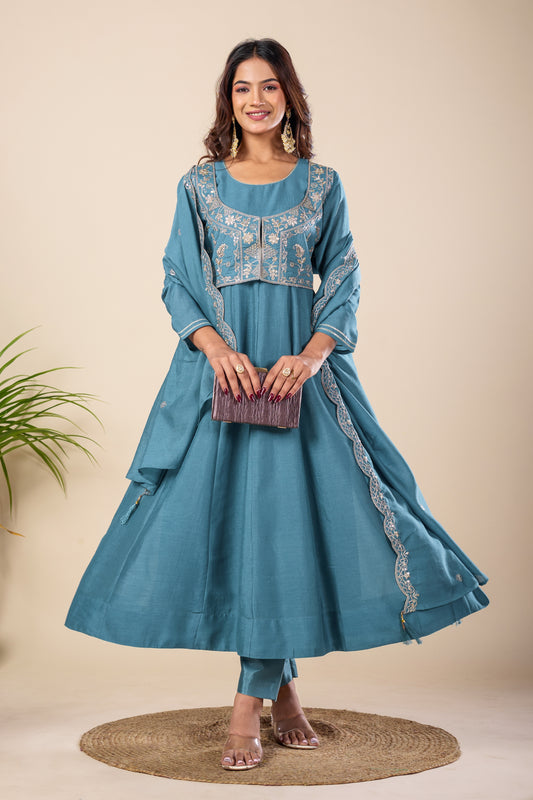 Sky Blue Koti Embroidered Silk Anarkali Kurta With Dupatta Set