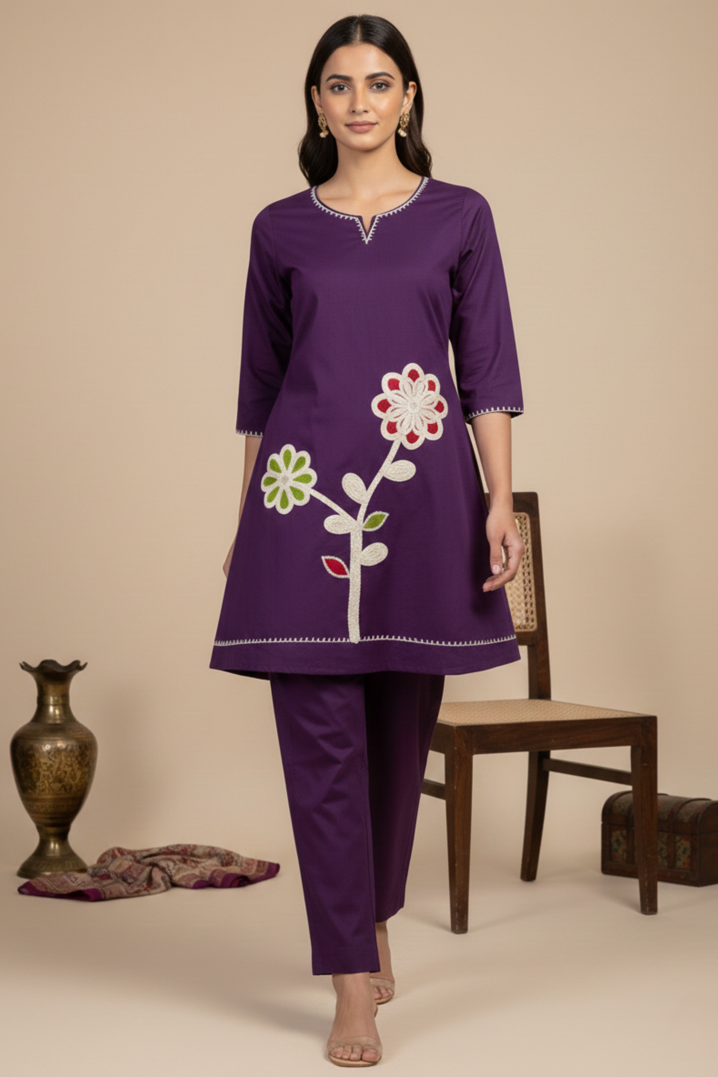 Sun Flower Pure Cotton Applique Embroidered Co-ord Set