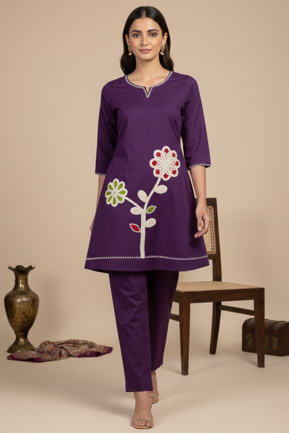Sun Flower Pure Cotton Applique Embroidered Co-ord Set
