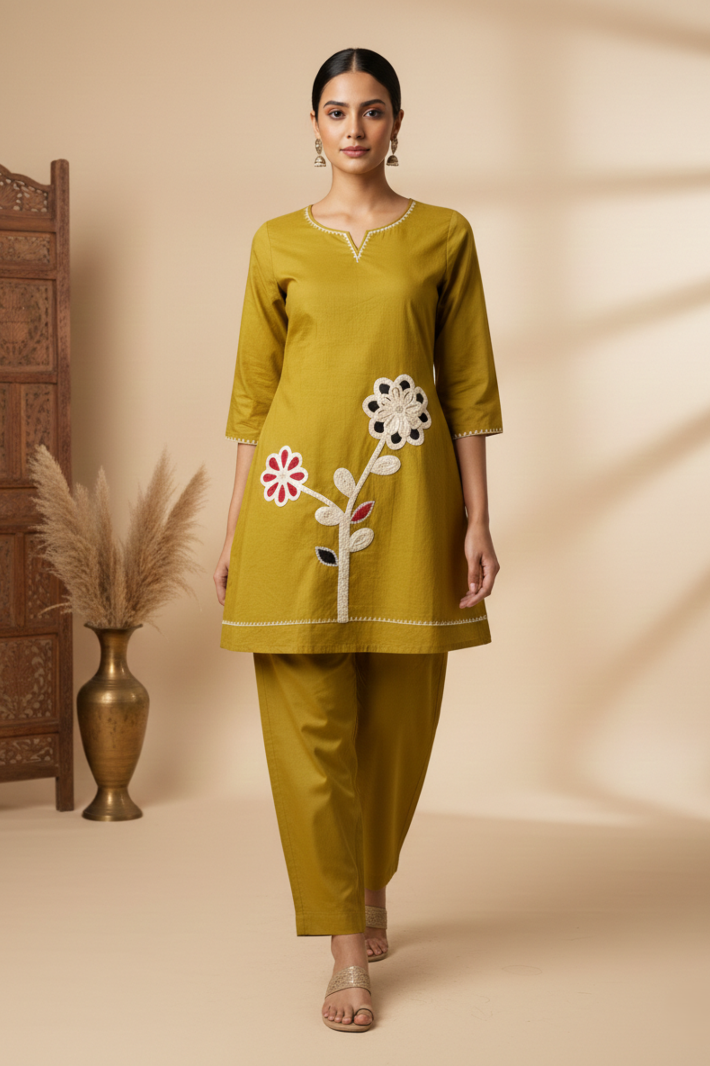 Sun Flower Pure Cotton Applique Embroidered Co-ord Set