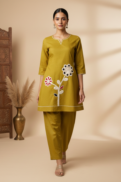 Sun Flower Pure Cotton Applique Embroidered Co-ord Set