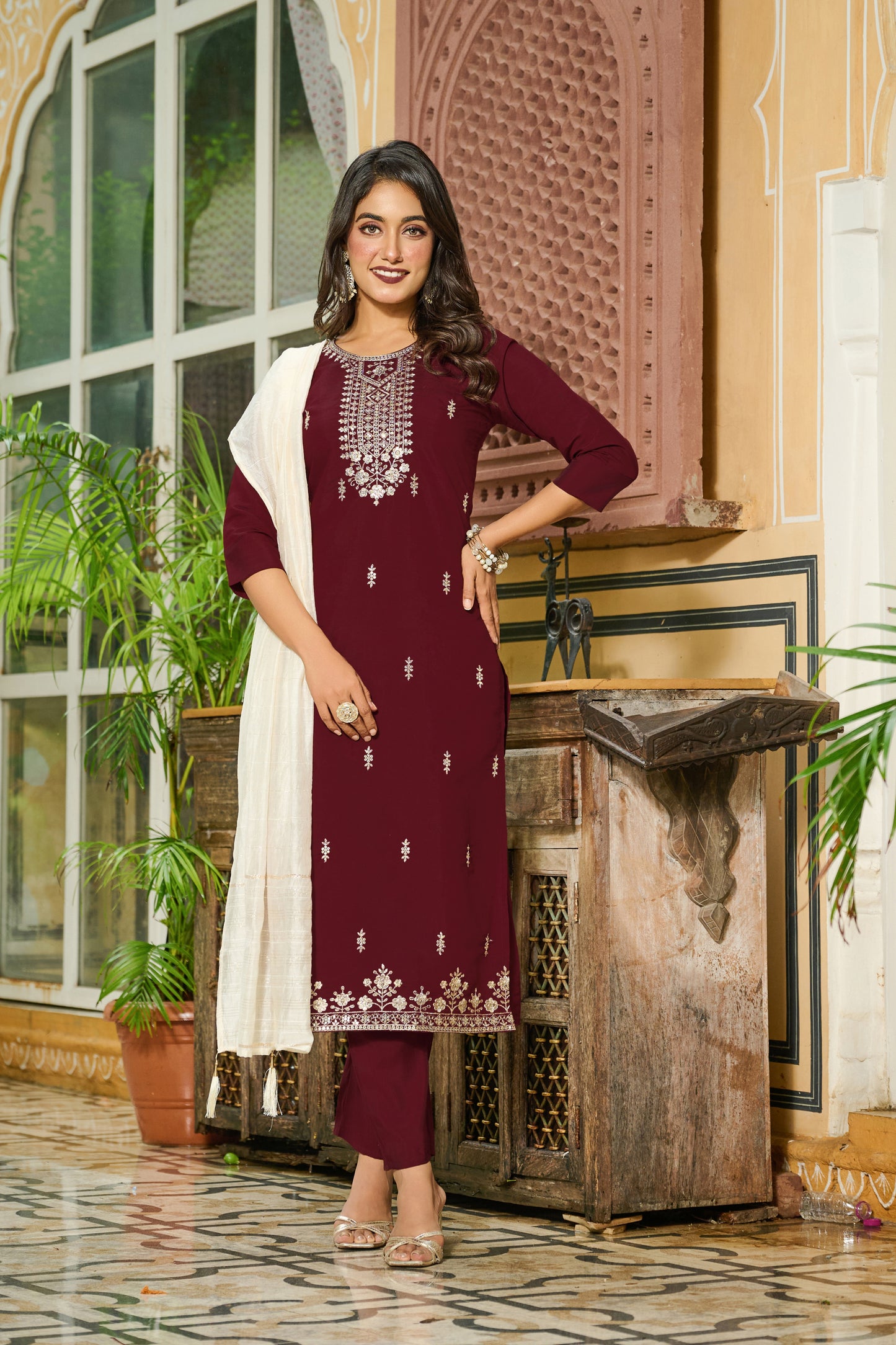 Tanvi Silk Blend Embroidered Kurta Set with Trousers and dupatta