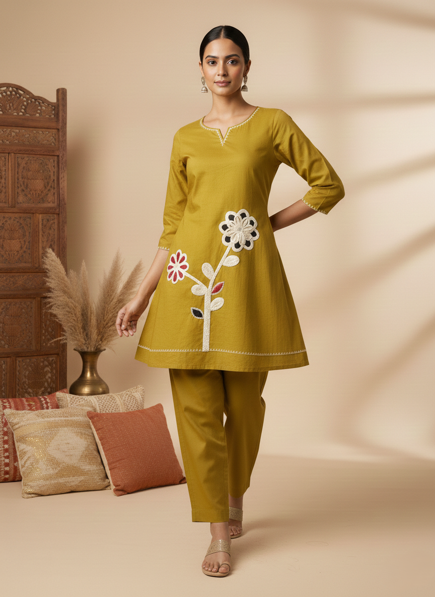 Sun Flower Pure Cotton Applique Embroidered Co-ord Set