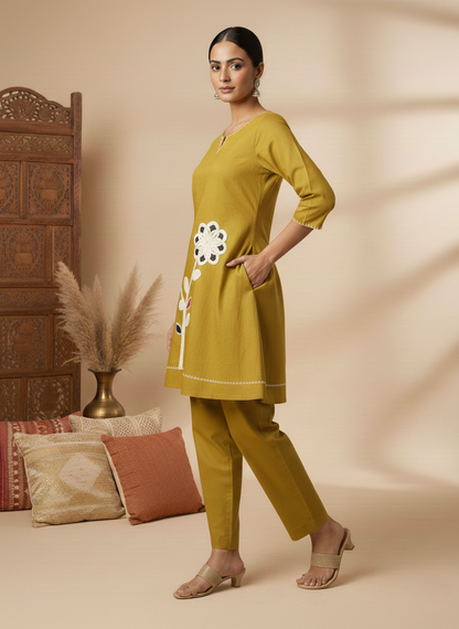Sun Flower Pure Cotton Applique Embroidered Co-ord Set