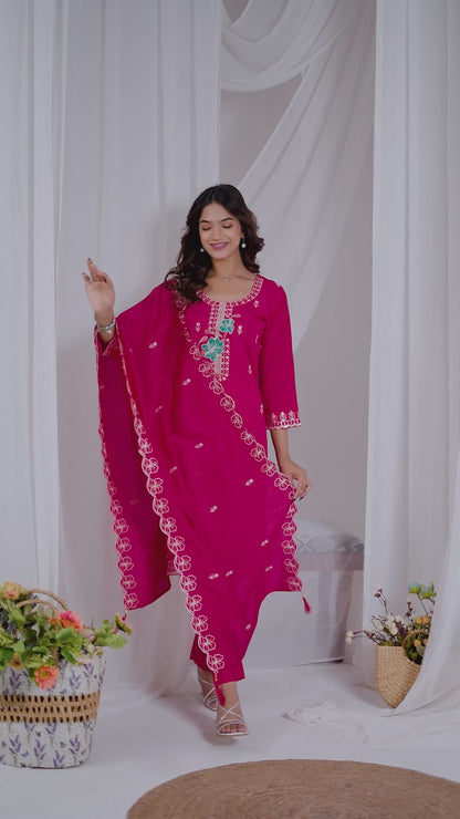 Pink Aarohi Ethnic Motifs Embroidered Silk Kurta Set with Dupatta