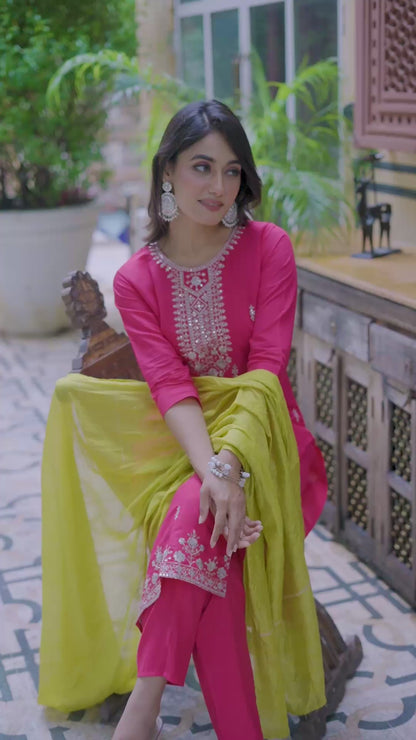 Tanvi Silk Blend Embroidered Kurta Set with Trousers and dupatta