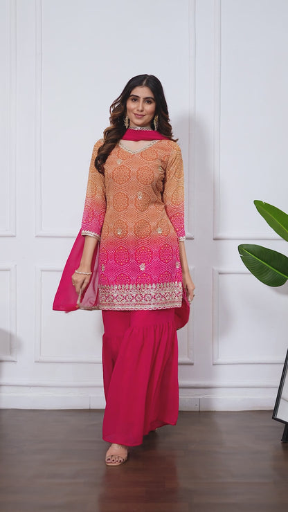 Bandhani Embroidered Printed Sharara Set with Dupatta