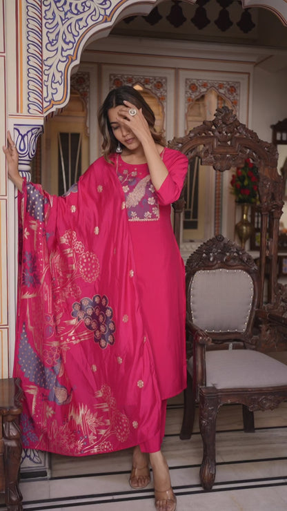 peacock Pure Silk printed Kurta with Trousers and dupatta
