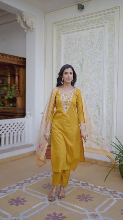 Sara Motifs Embroidered Silk Kurta with Trouser & Dupatta