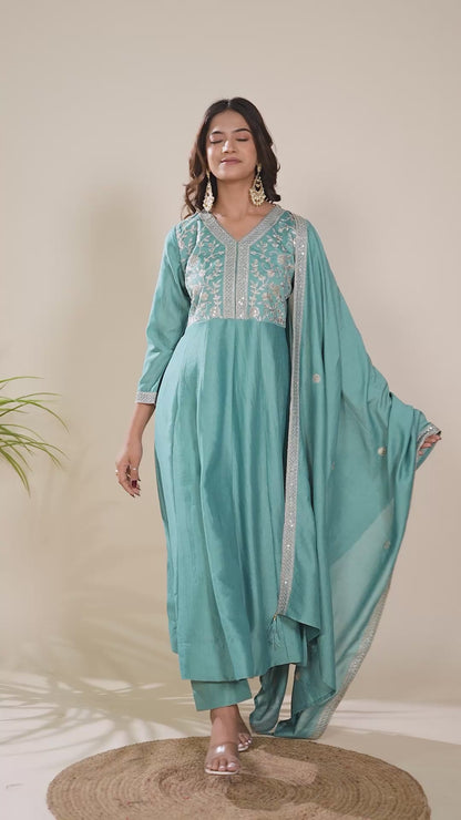 Sky Blue Embroidered Silk Anarkali Kurta With Dupatta Set