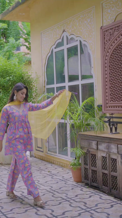 Kudi Botanical Print Cotton Kurta Set with Dupatta