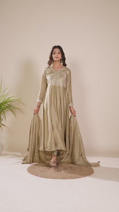 Beige Embroidered Silk Anarkali Kurta With Dupatta Set