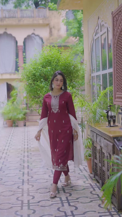 Tanvi Silk Blend Embroidered Kurta Set with Trousers and dupatta
