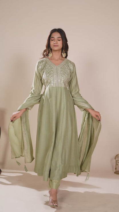 Pista Embroidered Silk Anarkali Kurta With Dupatta Set