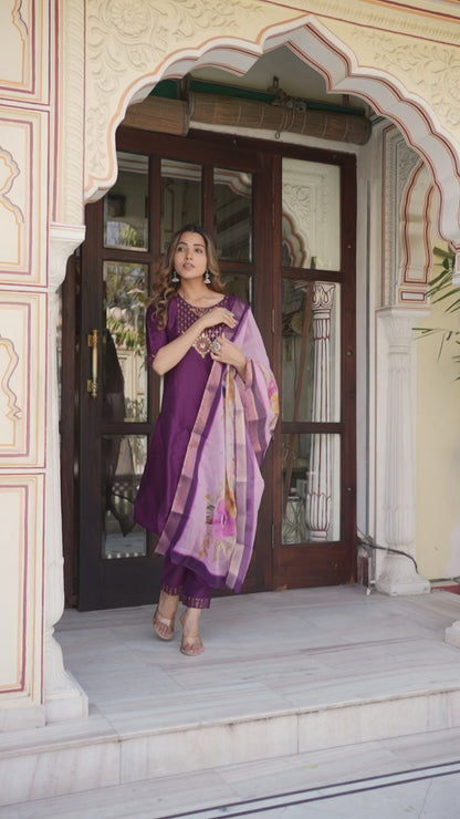 Prisha Motifs Embroidered Silk Kurta with Trouser & Dupatta