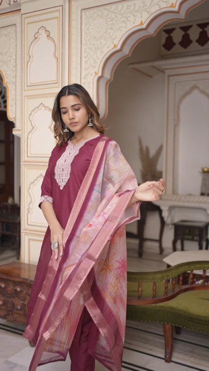 Velour Charm Embroidered Kurta Set with Dupatta