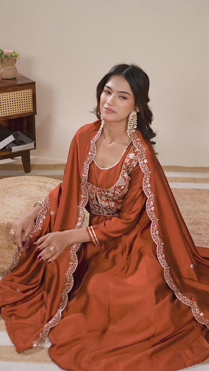 Rust Koti Embroidered Silk Anarkali Kurta With Dupatta Set