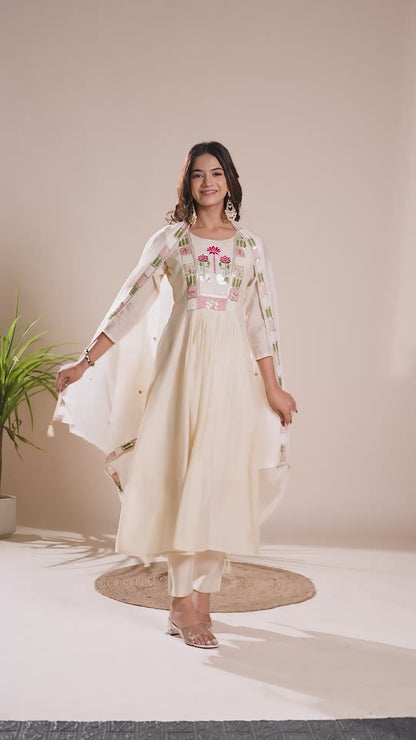 Lotus Peach Embroidered Pure Mul Chanderi Anarkali Kurta With Dupatta Set