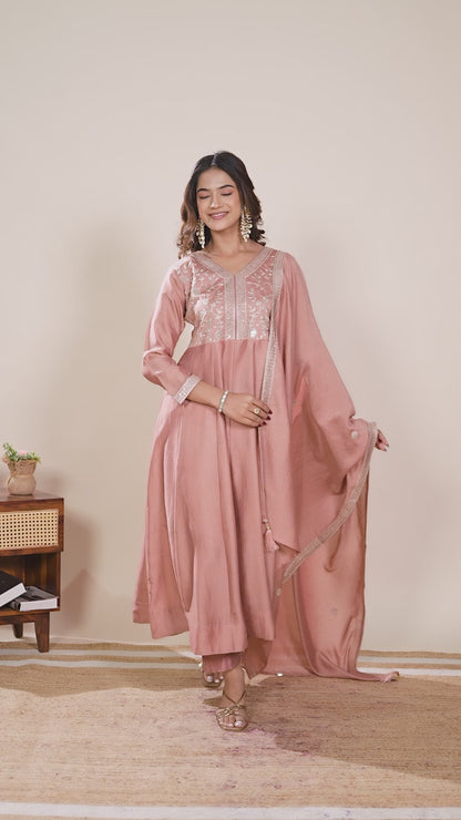 Pink Embroidered Silk Anarkali Kurta With Dupatta Set