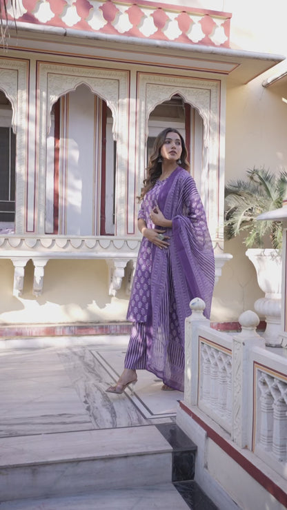 Purple Bloom Printed Cotton Kurta Set
