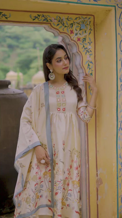 Ira Floral Printed Anarkali Pleated Kurta & Trousers With Printed Dupatta