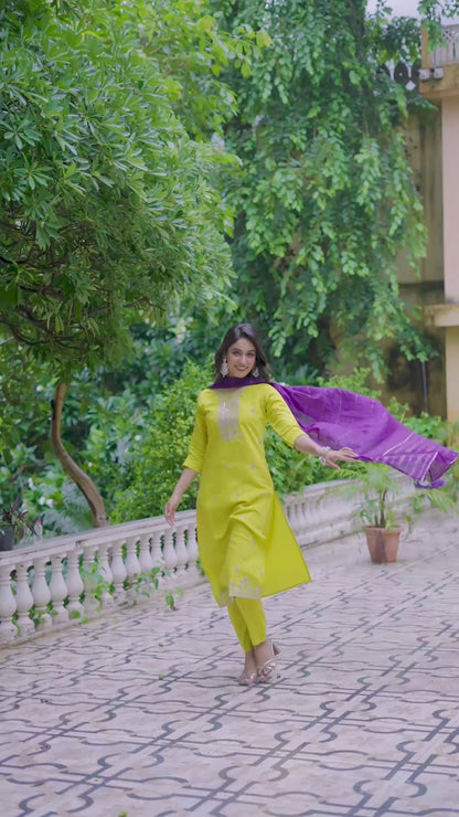 Tanvi Silk Blend Embroidered Kurta Set with Trousers and dupatta