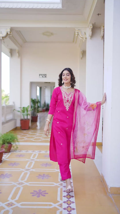 Sara Motifs Embroidered Silk Kurta with Trouser & Dupatta