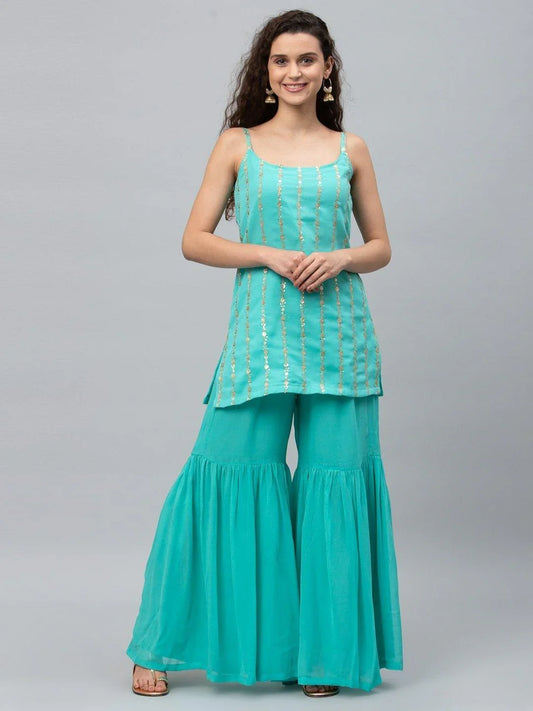 Elegant Enchantress: Georgette Kurti Sharara Set - Decize Clothing