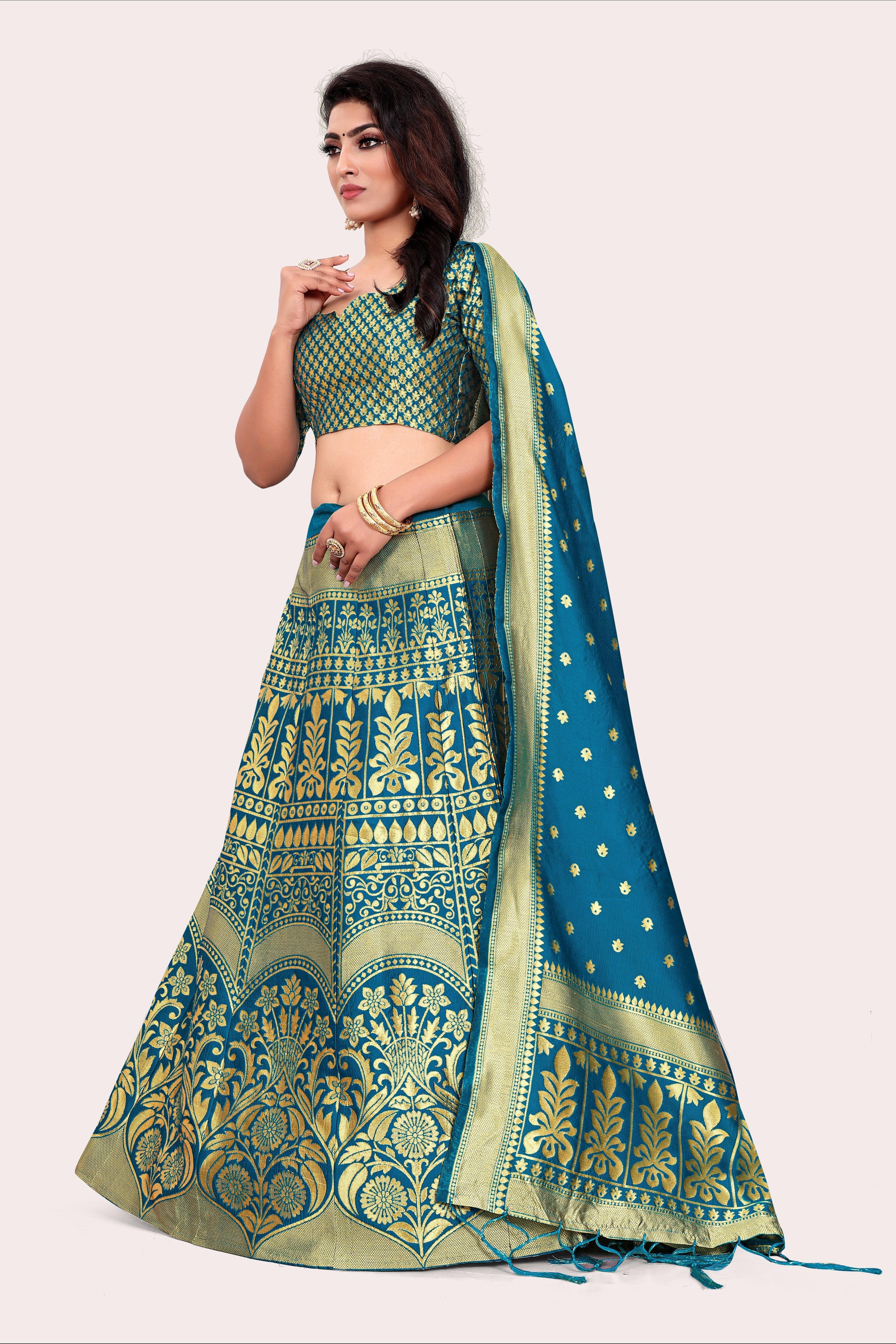 Enchanting Ensemble: Banarasi Lehenga Choli and Dupatta Pairing - Decize Clothing