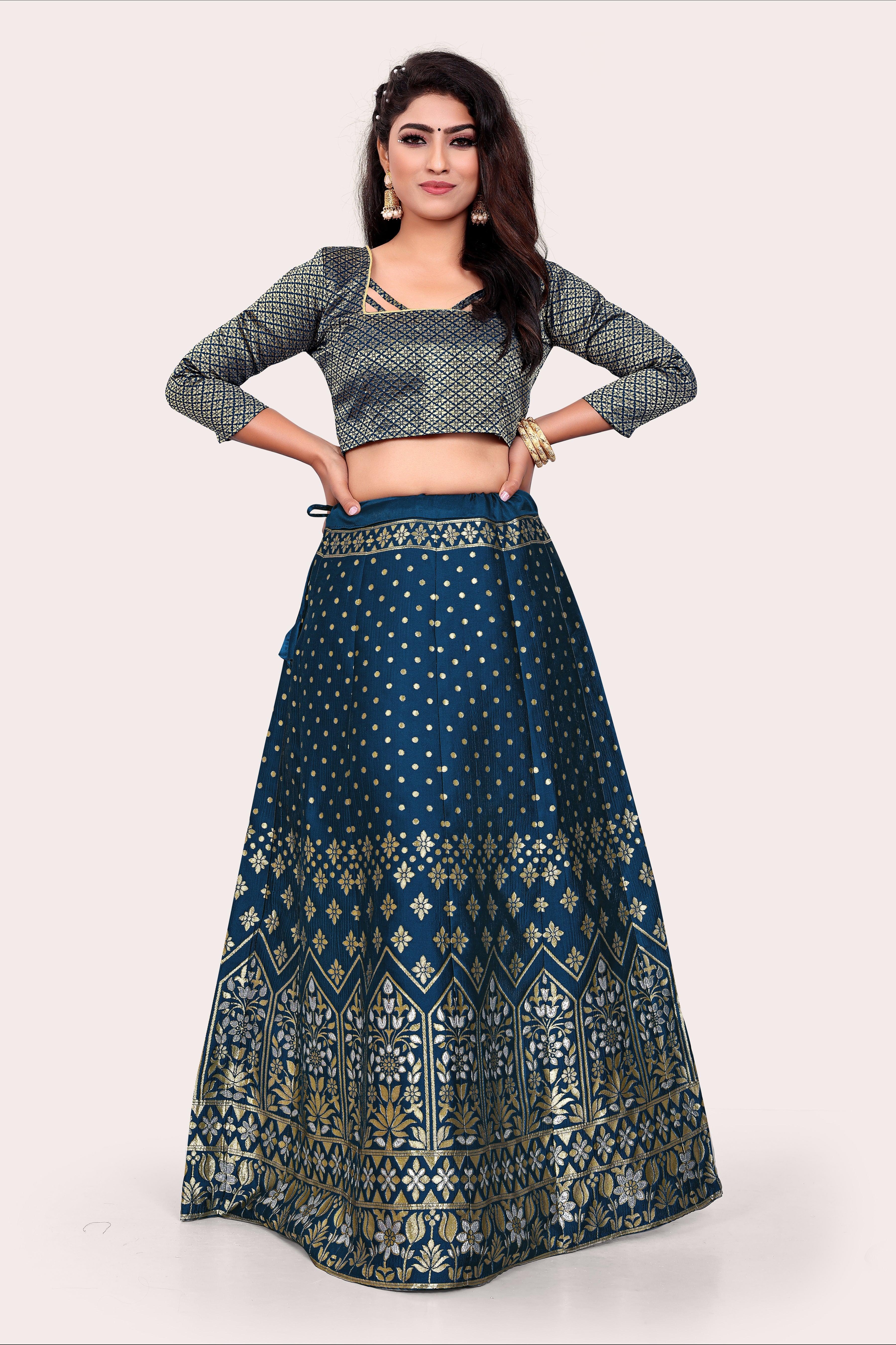 Pink Duppatta, Multi Colour Banarasi Silk Jacquard Lehenga & Sky Blue Silk Crop  Top Styled Blouse
