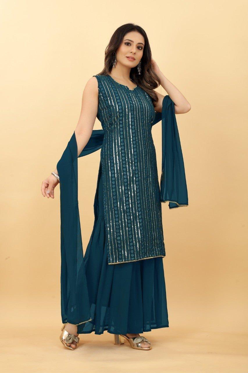 Graceful Glamour: Georgette Kurti Sharara Suit - Decize Clothing