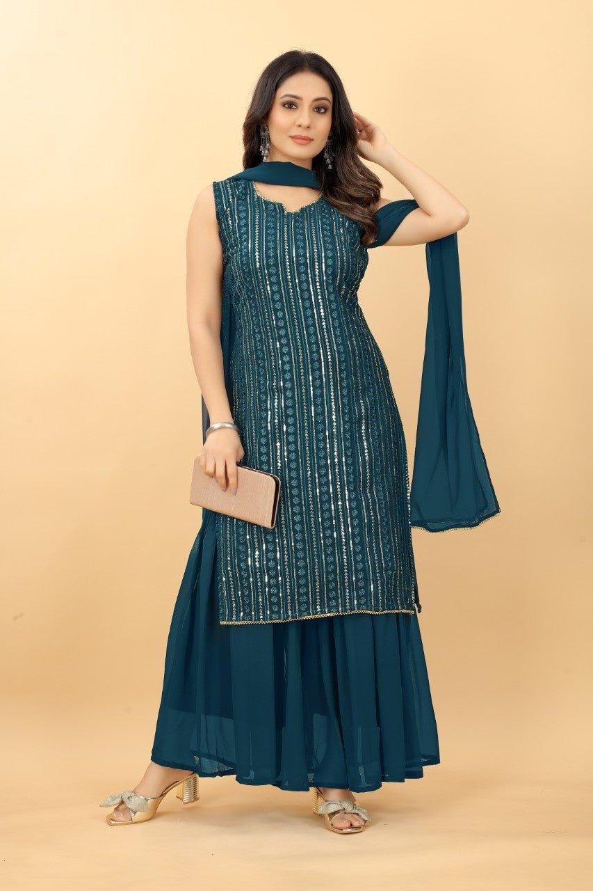 Graceful Glamour: Georgette Kurti Sharara Suit - Decize Clothing