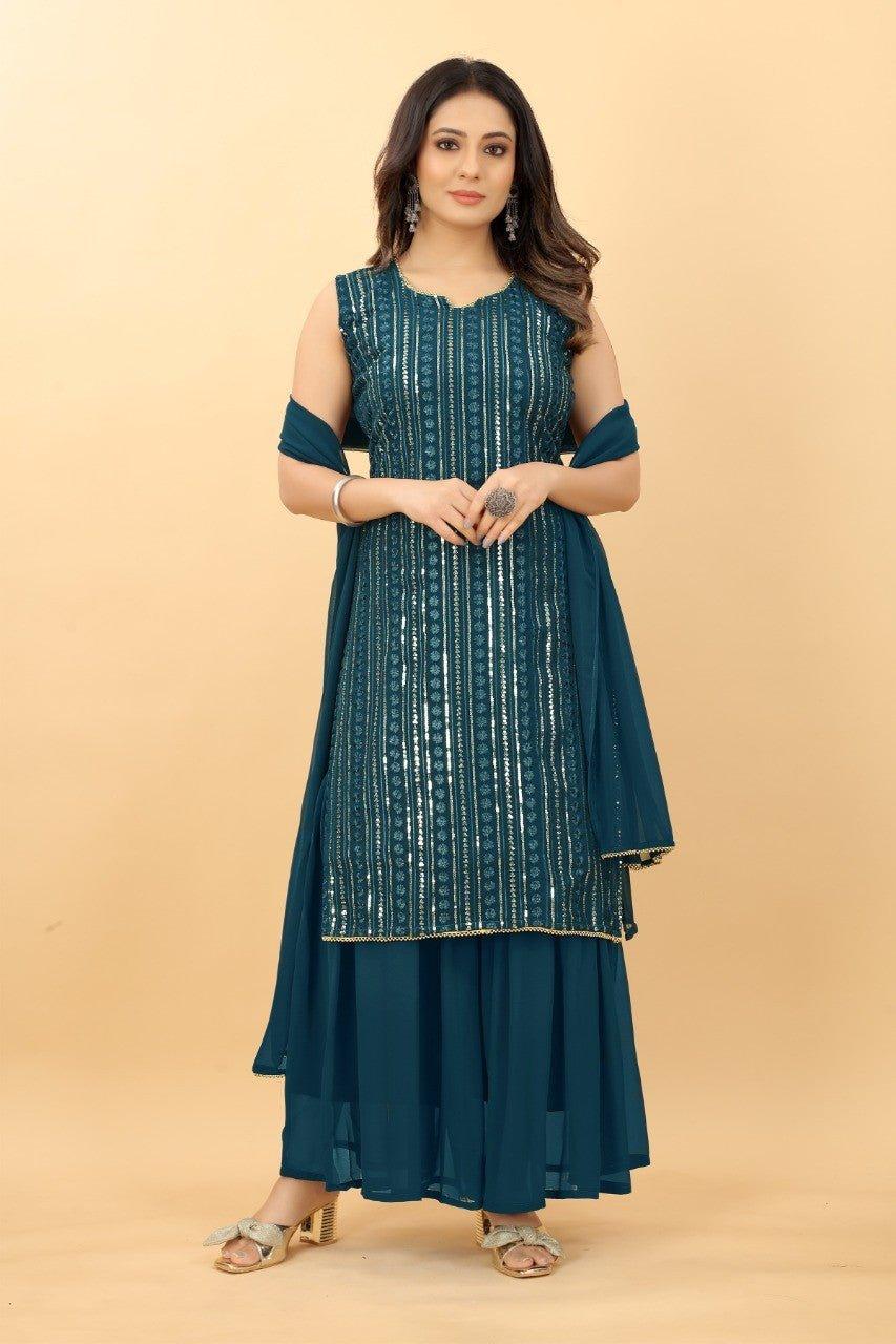 Graceful Glamour: Georgette Kurti Sharara Suit - Decize Clothing